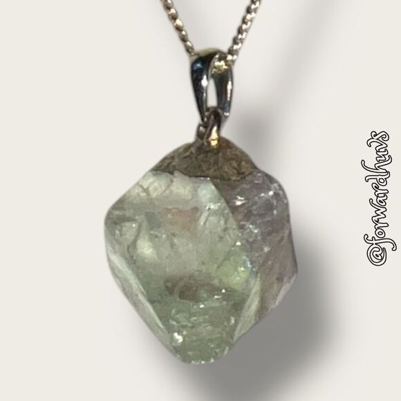 Raw Cut Light Green Stone Necklace | Gold-tone Chain - Picture 4 of 10